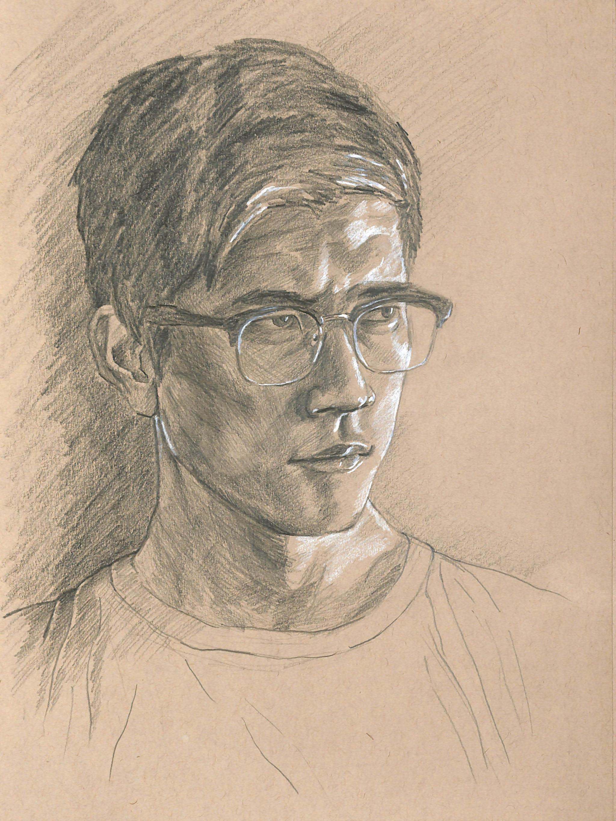 Pencil portrait of Alex Dai — graphite and white highlight on toned paper