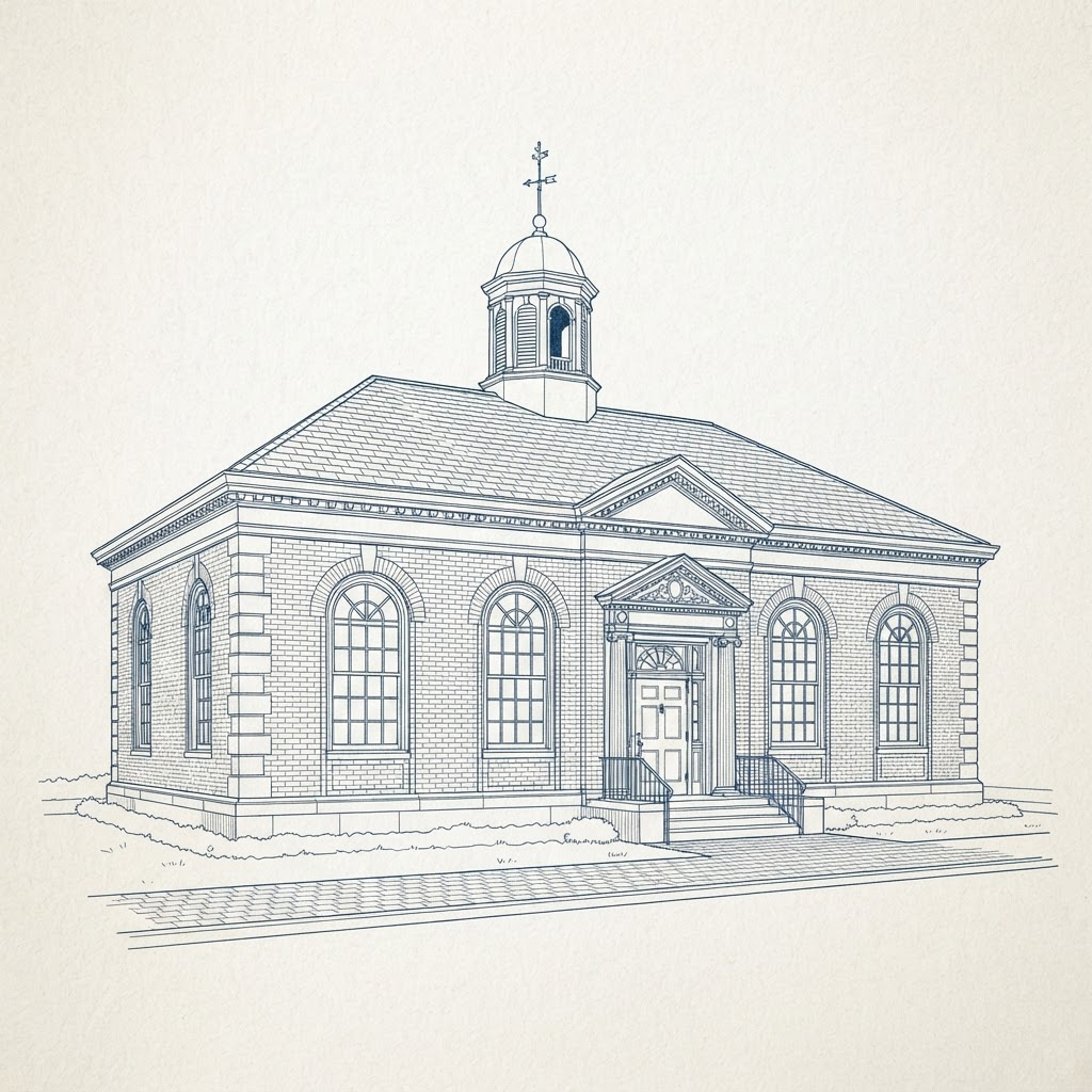 Line drawing of the Postmark Center for the Arts, the 1937 Colonial Revival former post office in Auburn, Washington